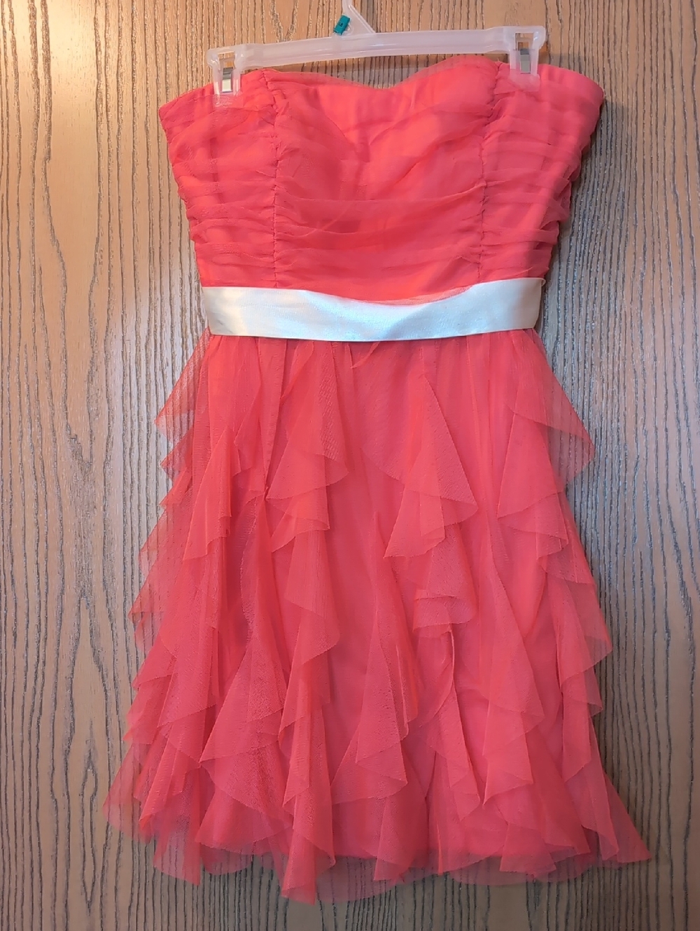 Strapless Coral Ruffle Party Dress with White Waistband Size 13